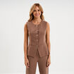 Veste sans manches boutonn&eacute;e col rond marron clair femme