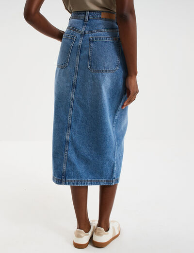 Jupe longue en jean droite boutonn&eacute;e denim stone femme