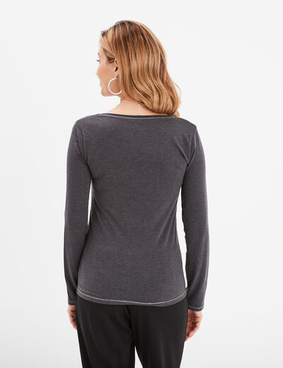 T-shirt manches longues col en V coton gris foncé femme