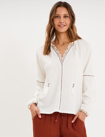 Blouse droite col tunisien avec pompons ecru femme