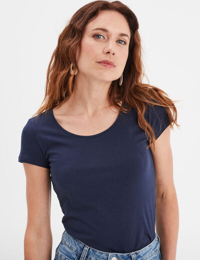 T-shirt coton col rond manches courtes bleu marine femme