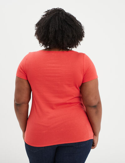 T-shirt col en V manches courtes coton rouge femme grande taille
