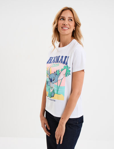 T-shirt manches courtes coton Stitch blanc femme