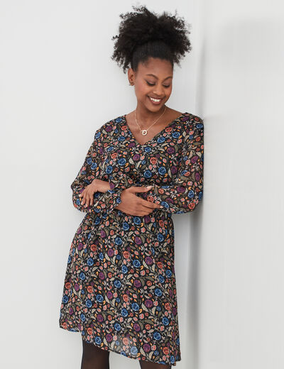 Robe évasée taille élastiquée col en V multicolore femme