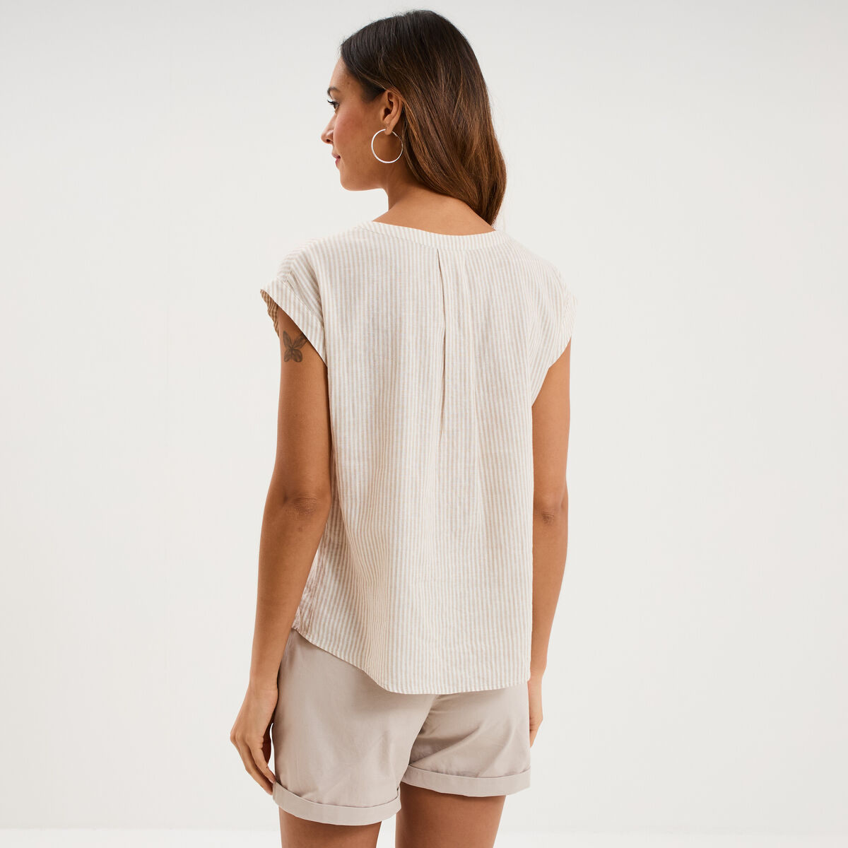 Blouse col V manches courtes lin m&eacute;lang&eacute; beige femme