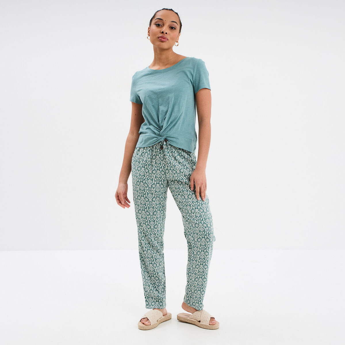 T-shirt taille effet noué coton bleu gris femme
