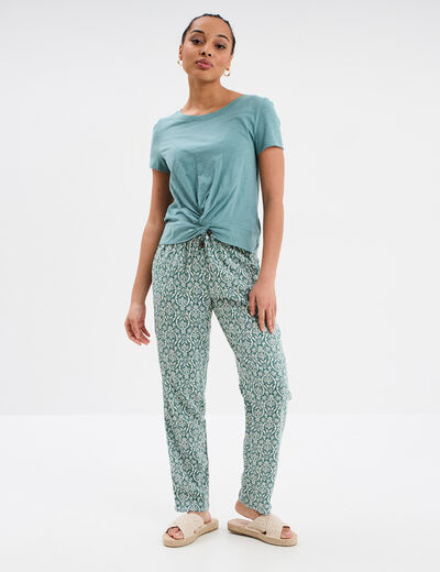 T-shirt taille effet noué coton bleu gris femme
