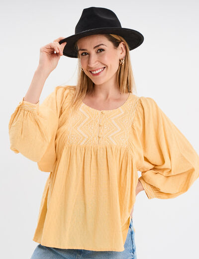Blouse brodée manches ballons jaune clair femme