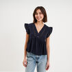 Blouse manches volants col en V coton bleu fonc&eacute; femme