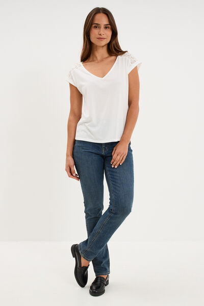 T-shirt col en V ajour&eacute; &eacute;paules et dos blanc femme