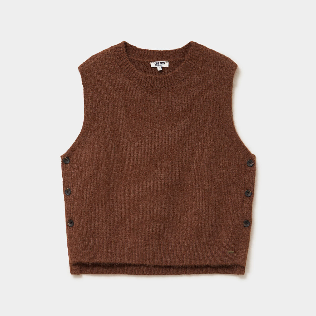 Pull col rond sans manches &agrave; boutons marron fonc&eacute; femme