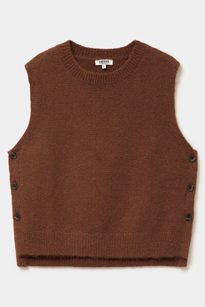 Pull col rond sans manches &agrave; boutons marron fonc&eacute; femme