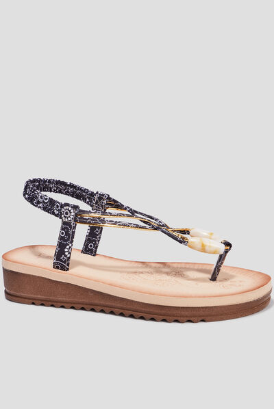 Sandales compensées entredoigts bijoux noir femme