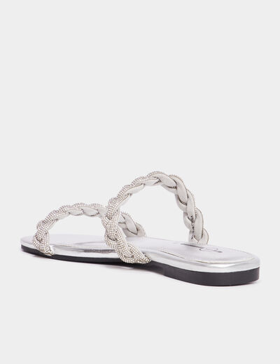 Mules brides tress&eacute;es strass Mosquitos gris argent femme