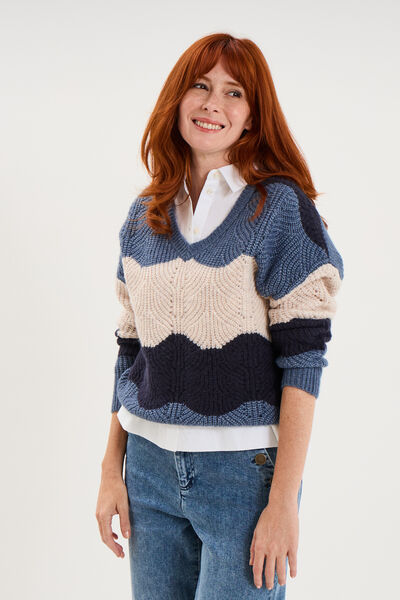 Pull col V ajour&eacute; manches longues bleu ciel femme