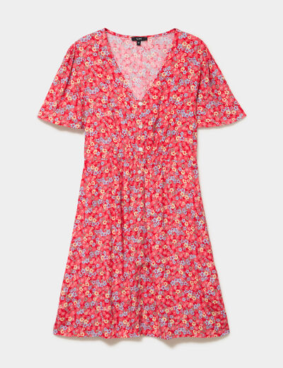 Robe fluide manches courtes col en V rouge coquelicot femme