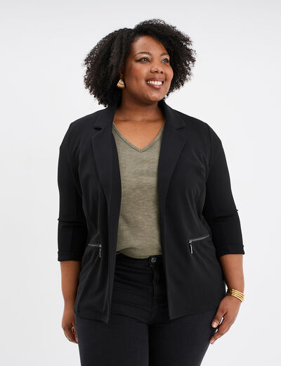 Veste blazer maille crêpe manches 3/4 noir femme grande taille