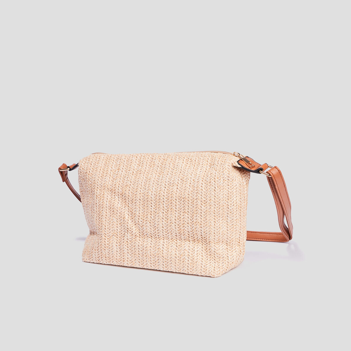 Sac Bandoulière Paille Tressé Beige Marron Femme - Fourre-Tout Zippé Réglable