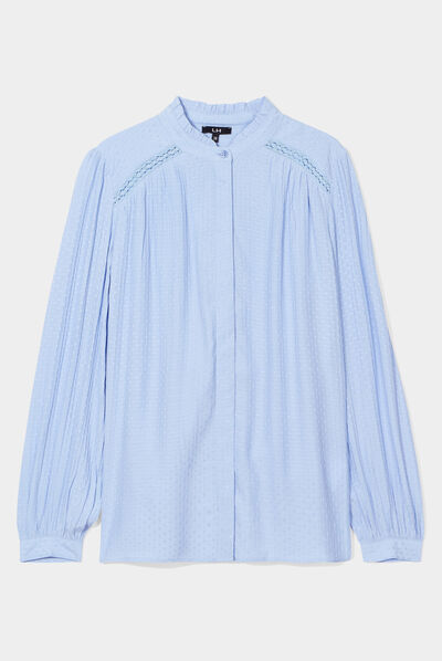 Chemise col mao à plumetis bleu clair femme