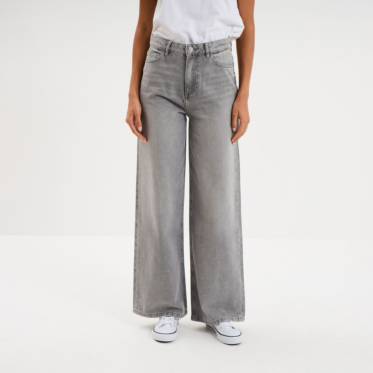 Jean large taille haute coton denim gris femme