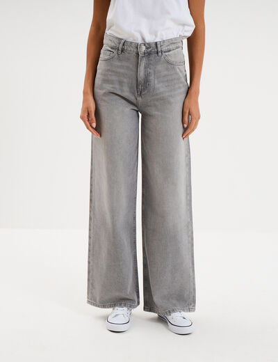 Jean large taille haute coton denim gris femme