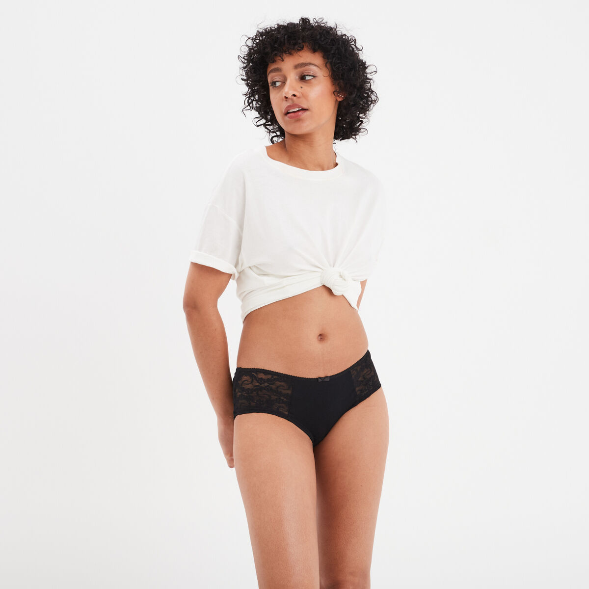 Shorty en coton avec dentelle noir femme