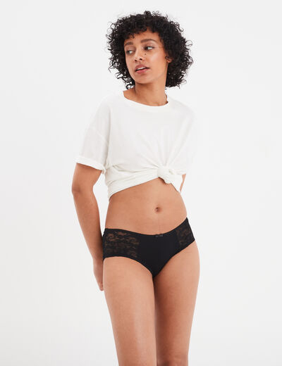 Shorty en coton avec dentelle noir femme