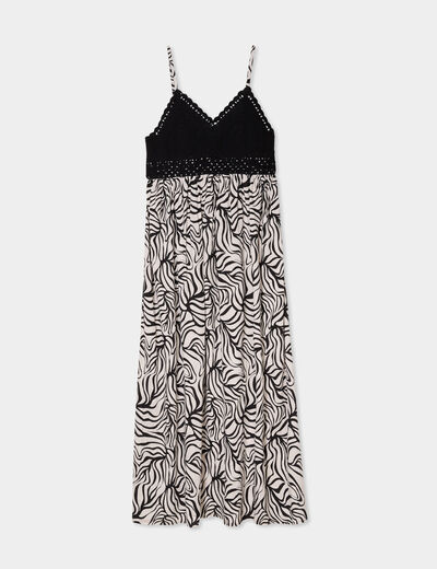 Robe longue col en V haut effet crochet ecru femme