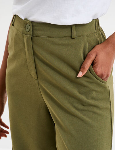 Pantalon large fluide taille élastiquée vert kaki femme