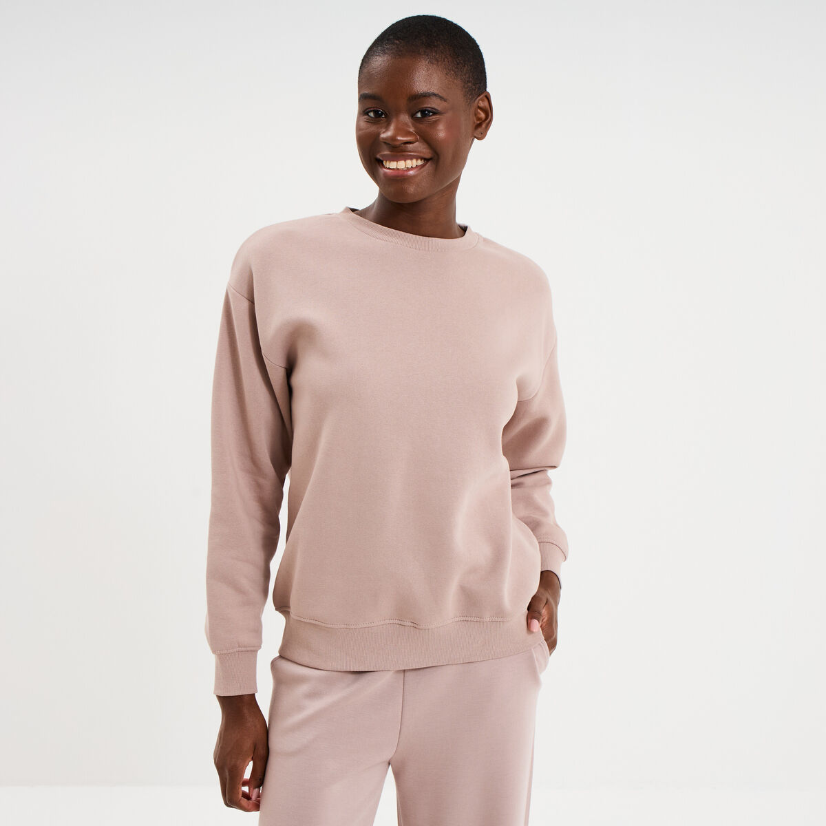 Sweat col rond manches longues marron clair femme
