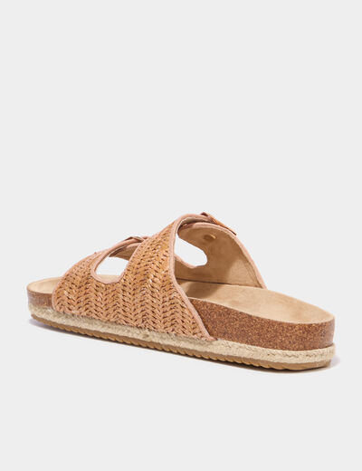 Mules plates tress&eacute;es avec boucles marron femme