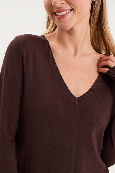 Pull col en V manches longues marron fonc&eacute; femme