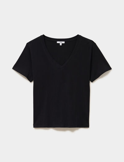 T-shirt manches courtes col en V coton noir femme