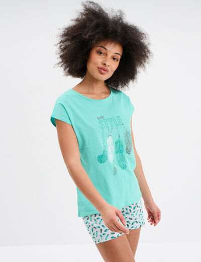 Ensemble pyjama short et t-shirt coton bleu turquoise femme