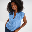 Blouse col tunisien sans manches coton bleu clair femme
