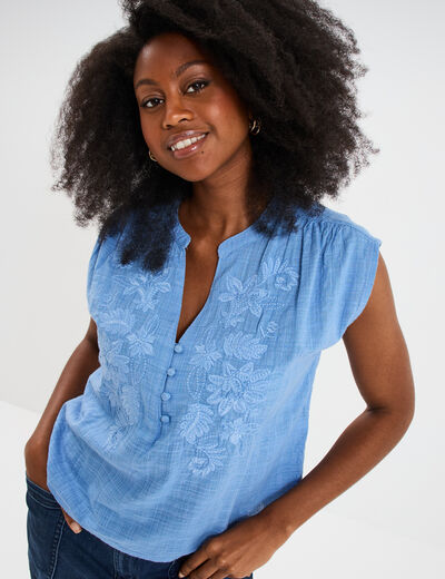 Blouse col tunisien sans manches coton bleu clair femme