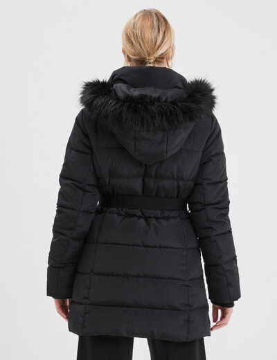 Doudoune ceinturée mi-longue à capuche noir femme