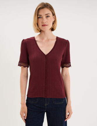 Blouse manches courtes col V dentelle violet fonc&eacute; femme