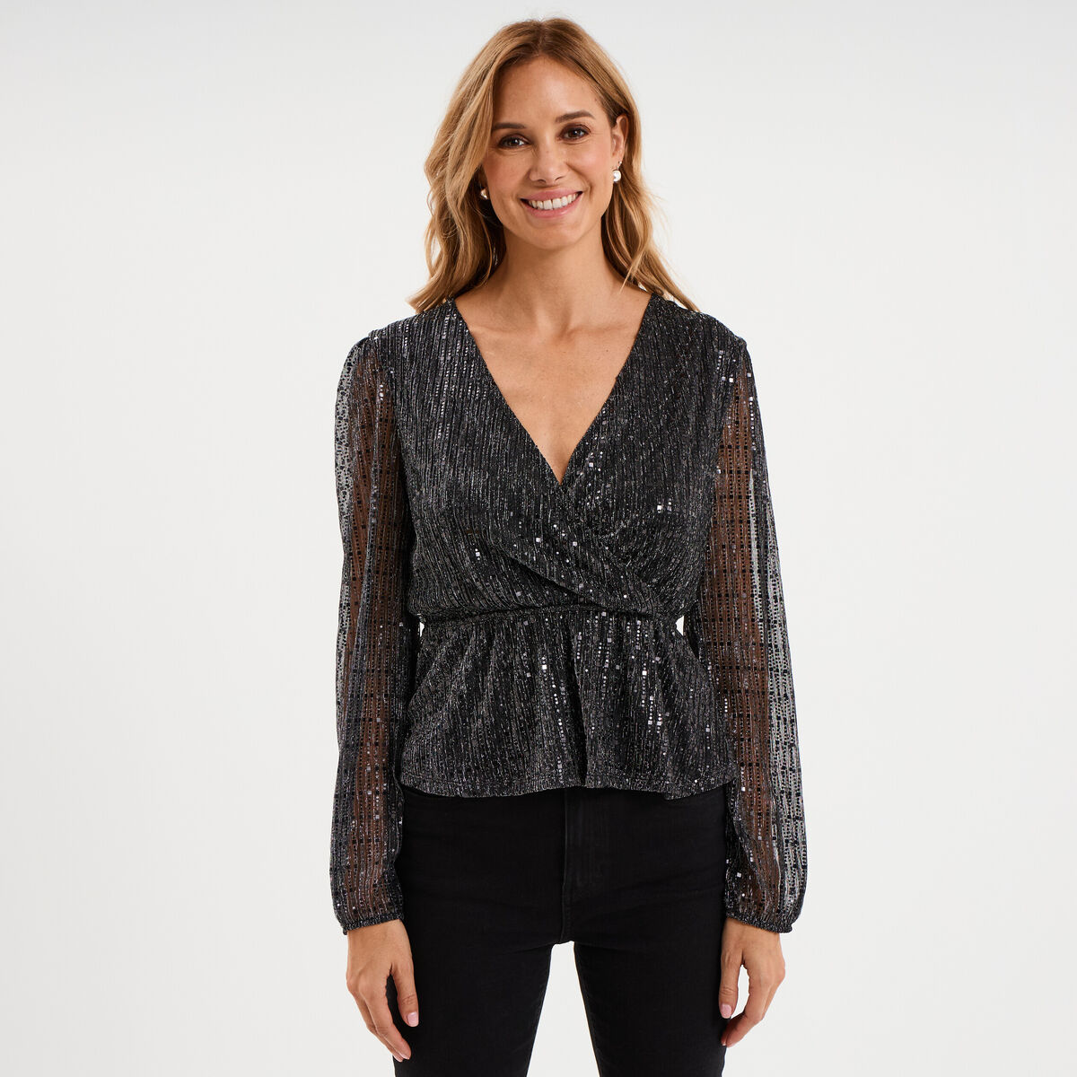 Blouse sequins avec col cache-coeur noir femme