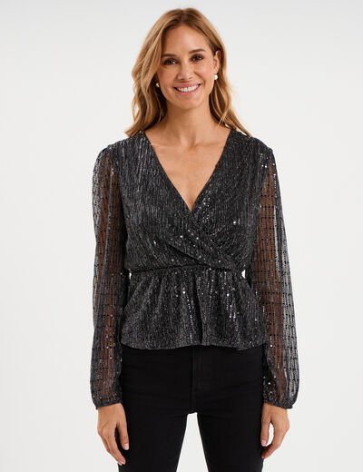 Blouse sequins avec col cache-coeur noir femme