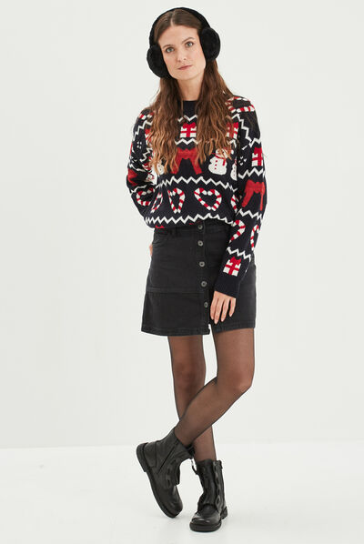 Pull de Noël manches longues et col rond bleu marine femme