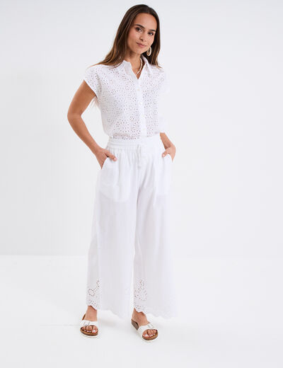 Pantalon avec broderie anglaise blanc femme