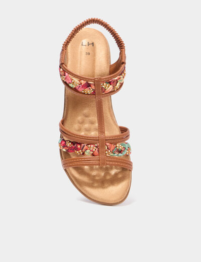Sandales compens&eacute;es 5 cm d&eacute;tails bijoux marron femme