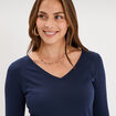 T-shirt col en V manches longues coton bleu marine femme