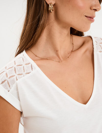 T-shirt col en V ajour&eacute; &eacute;paules et dos blanc femme