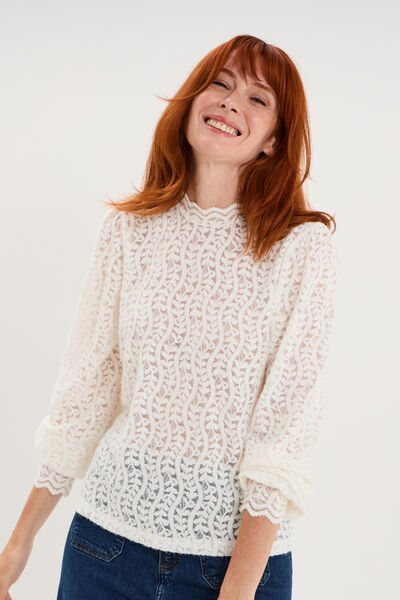 Blouse dentelle col montant blanc femme