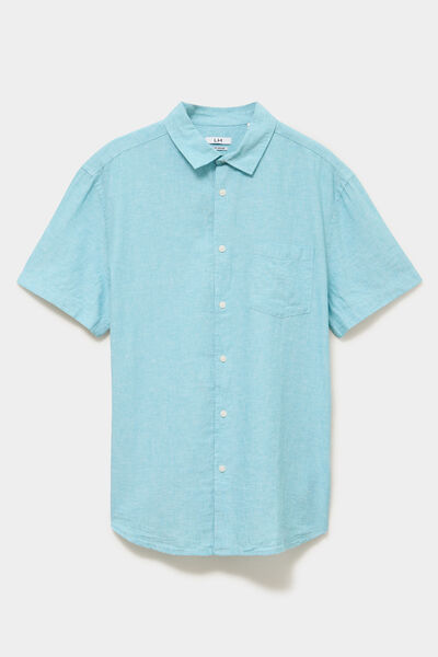 Chemise manches courtes lin m&eacute;lang&eacute; bleu turquoise homme
