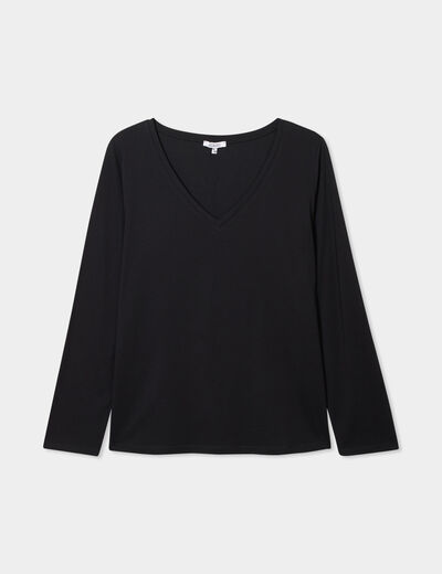 T-shirt col en V manches longues coton noir femme grande taille