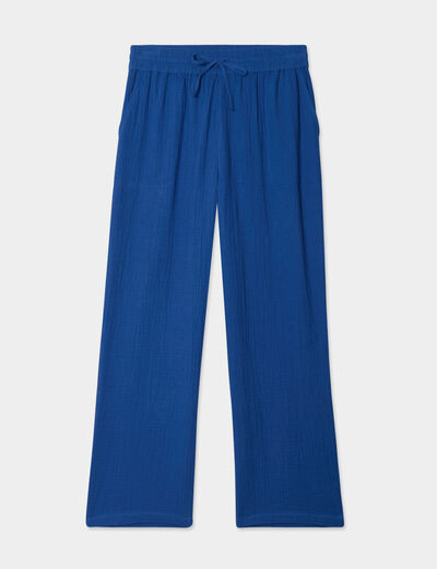 Pantalon fluide élastiqué gaze de coton bleu marine femme