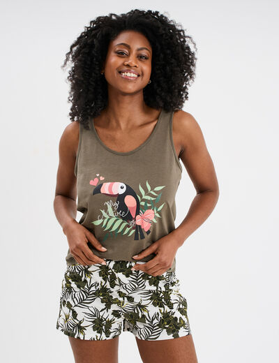Ensemble pyjama short débardeur coton vert kaki femme